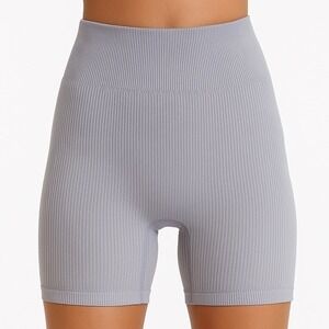 Grey Ribbed High Waisted Scrunch Butt Seamless Biker Shorts Athleisure